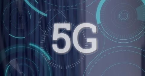 Glowing 5g text with futuristic hud rings, blue neon cyber interface and telecom concept