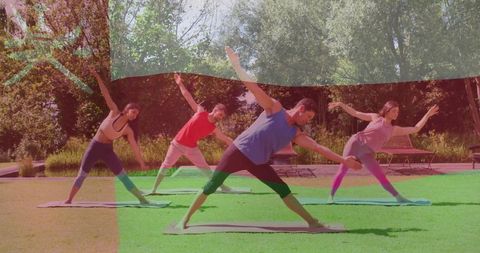 Group Practicing Triangle Pose Outdoors in Sunshine