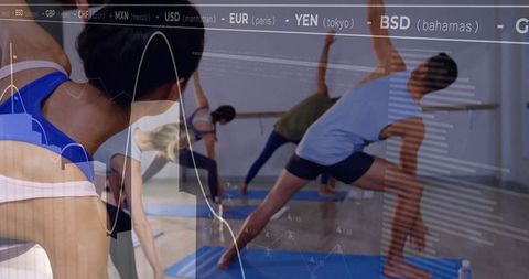 Yoga Class with Financial Data Overlay Blockchain Stock Concept