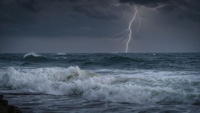 Lightning striking over stormy ocean, crashing waves hitting rocky shoreline at dusk