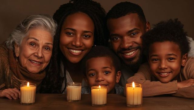 Multigenerational family gathering around candlelight sharing warm smiles and togetherness