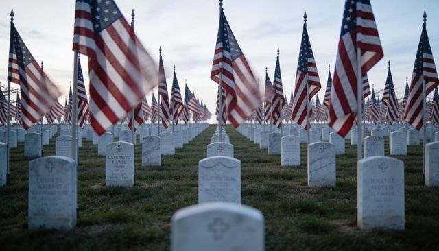 Honoring fallen soldiers with american flags lining marble headstones at national cemetery
