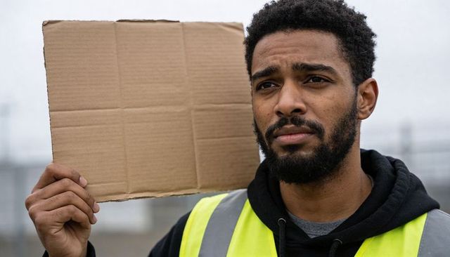 Man holding blank cardboard sign wearing high-visibility vest showing concern