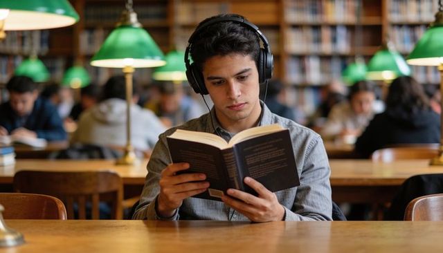 Male Student Studying and Reading with Headphones in Campus Library, Focused Learning