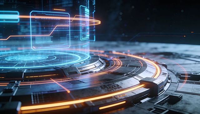 Holographic Command Console projecting 3D cyan HUD with neon orange rings on tech platform