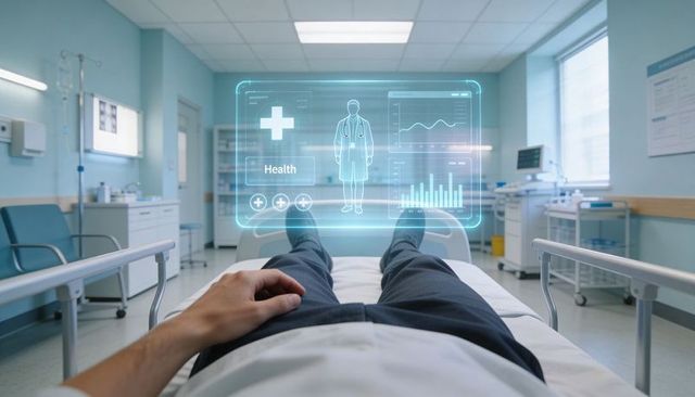 Patient viewing holographic medical dashboard reclining on hospital bed for telemedicine
