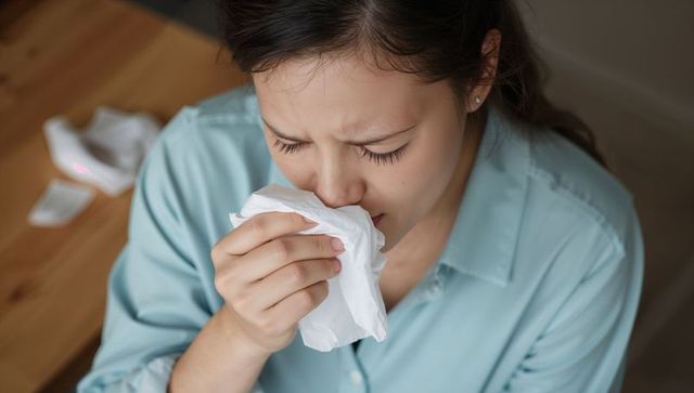 Woman sneezing at home seeking relief with tissue and thermometer nearby