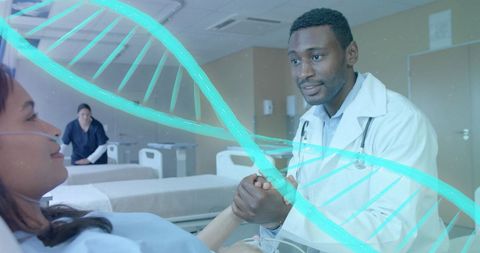Doctor Comforting Patient with DNA Strand Overlay