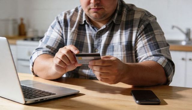 Man checking credit card at home desk with laptop and phone for online payment security