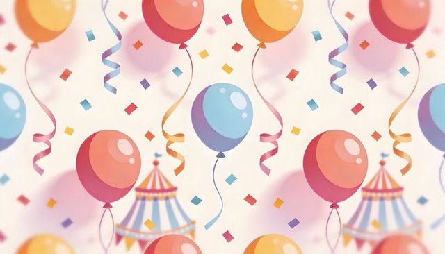 Whimsical pastel balloon party pattern with confetti, curled ribbons and carnival tents