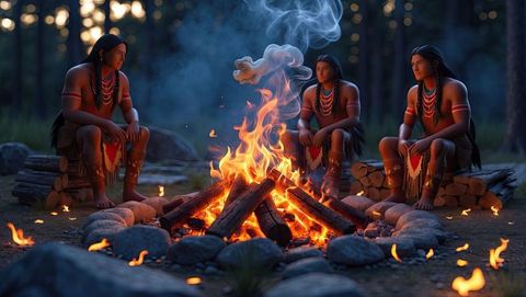 Native americans gather around campfire for cultural reflection