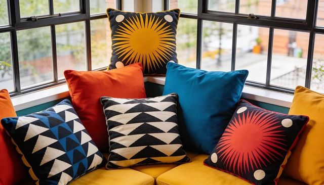 Cozy mustard bench displaying vibrant geometric and sunburst decorative pillows