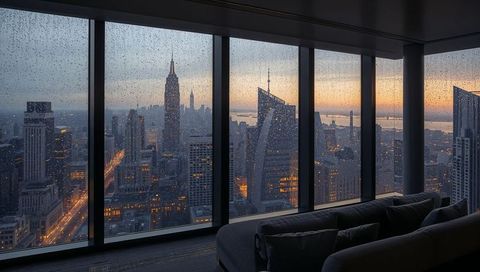 Rain-Dappled Glass Framing Manhattan Skyline at Dusk from Luxury High-Rise Lounge