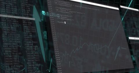 Translucent Code Overlay on Financial Dashboard Showing Rising Line Chart and Logs