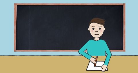 Schoolboy Writing at Desk with Blackboard Background in Classroom Illustration - Download Free Stock Images Pikwizard.com