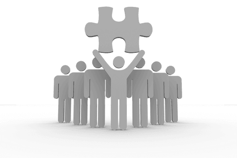 Figures linking puzzle piece on transparent background