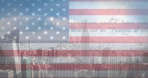 American Flag and Constitution Overlay on Urban Cityscape