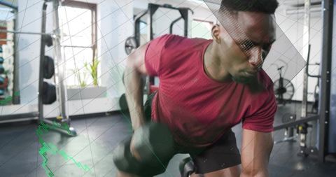 Athletic man performing bent-over dumbbell row with motion blur and data overlay in daylight gym