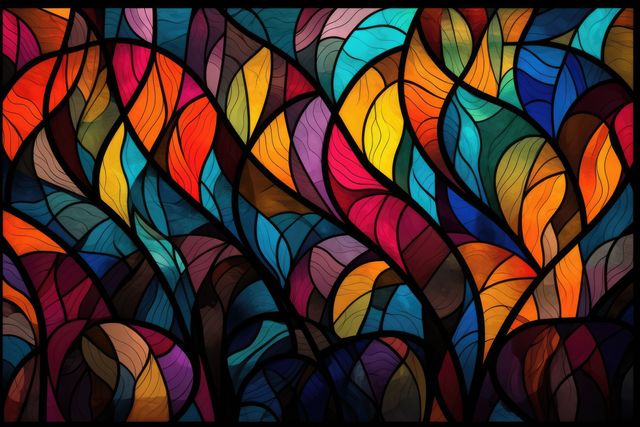 Techniques used capture vibrant stained glass composition with varied leaf patterns and stunning geometric shapes. Ideal background for artistic projects, interior design inspiration, or adding a splash of color to creative content. Useful for digital art, greeting cards, design boards, and print materials.