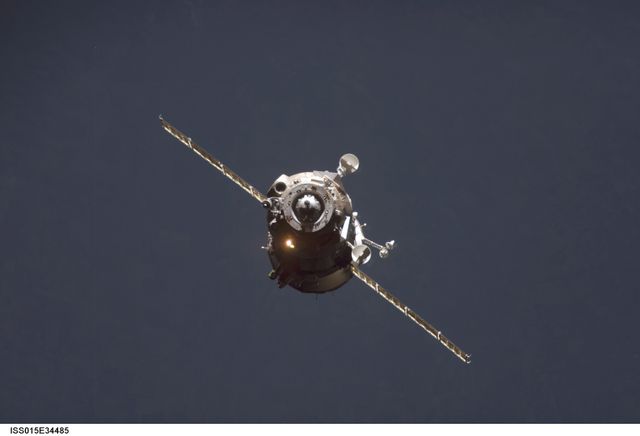 Soyuz TMA-11 spacecraft approaches to dock with International Space Station on October 12, 2007. Carries NASA astronaut Peggy A. Whitson, cosmonaut Yuri I. Malenchenko, and Malaysian spaceflight participant Sheikh Muszaphar Shukor. This image showcases the technological advances in space exploration and docking. Useful for topics like space missions, astronaut missions, international cooperation in space, NASA explorations.