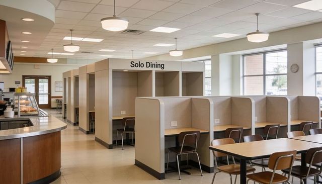 Solo dining booths with power outlets in modern cafeteria for private work and study zones