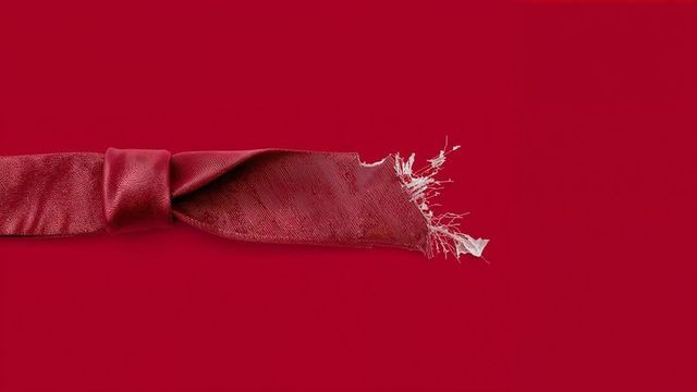 Frayed red silk necktie on solid red background