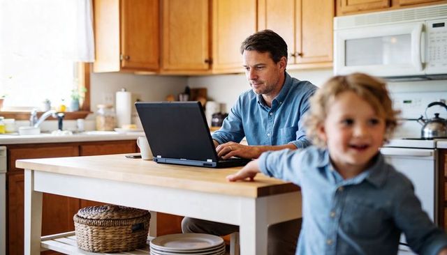 Father working remotely at kitchen island while child reaching for attention