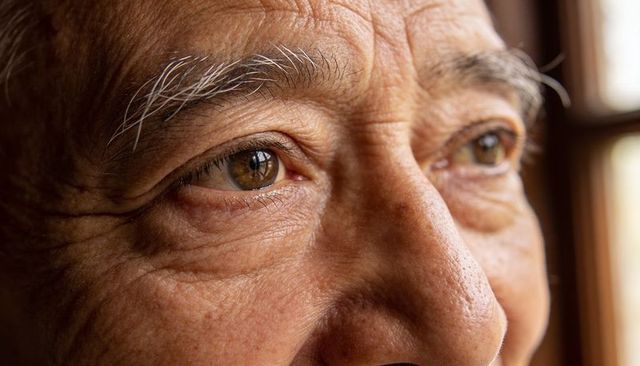 Elderly man gazing toward window catching warm light showing eyes, wrinkles, skin texture