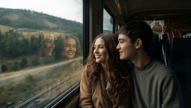 Smiling teens leaning on moving train window watching countryside, reflection, cozy travel