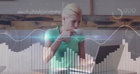 Woman Analyzing Data on Laptop with Digital Overlays