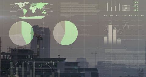 Hazy urban skyline with HUD data overlay, world map, pie charts, bar graphs and analytics