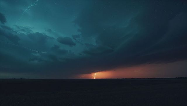 Dramatic lightning bolt illuminating night sky over open field