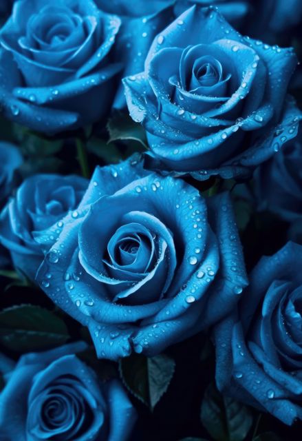 This close-up captures the enchanting beauty of blue roses adorned with water droplets, creating a sense of freshness and elegance. Perfect for romantic themes, nature blogs, floral decoration inspiration, greeting cards, or backgrounds for websites focusing on beauty and luxury.
