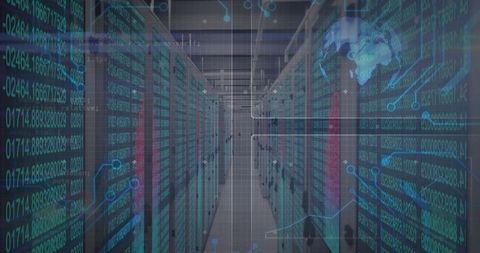 Advanced Data Center with Blinking Server Racks and Floating Data Overlays