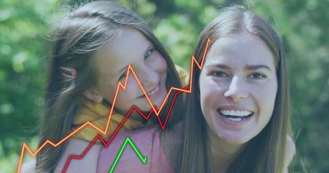 Mother and daughter smiling in nature with growth chart overlay