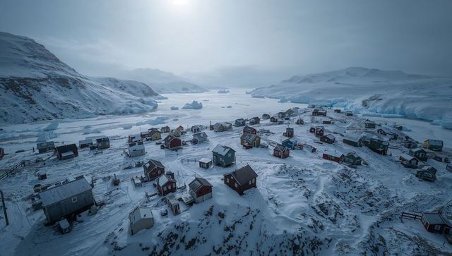 Clustering colorful wooden cottages on snowy Arctic headland above frozen iceberg fjord