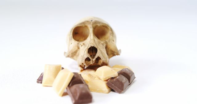 Close-up view of a human skull with assorted chocolate pieces. The hollow eyes and detailed texture of the skull create a haunting contrast with the indulgent nature of chocolate, evoking themes of life, death, and indulgence. Ideal for use in Halloween promotions, concepts of mortality, or unique advertising campaigns merging contrasts, such as luxury products with grim settings.