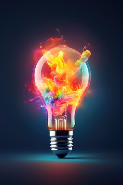 Conceptual representation emphasizing creativity and innovation with colorful smoke inside a light bulb. Ideal for use in marketing materials, advertisements, creative projects, design websites, and inspirational content focusing on ideas, imagination, and energy.