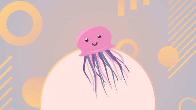 Evoke childhood innocence and imaginative fun with this cheerful pink jellyfish cartoon set against an abstract beige background featuring playful shapes. Perfect for children's book illustrations, educational materials, playful digital designs, or fairy tale themed presentations.