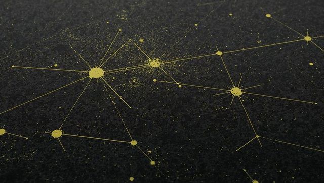 Golden constellation network on black textured surface — abstract star map and data grid