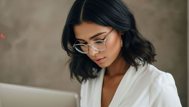Focused modern professional typing on laptop wearing white blouse and silver-rimmed glasses