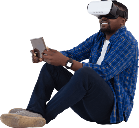 Man with Virtual Reality Headset Holding Tablet on Transparent Background - Download Free Stock Videos Pikwizard.com