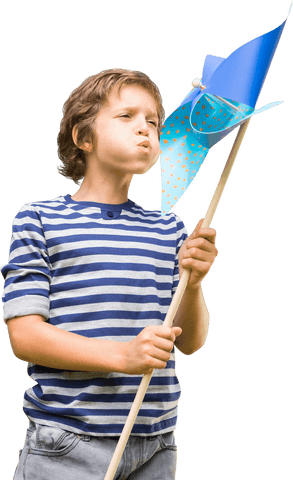 Young boy blowing on blue pinwheel isolated on transparent background