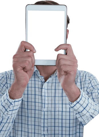 Transparent background man holding tablet blocking face