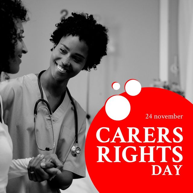 Composition of carers rights day text over african american female doctor with patient. Carers rights day and celebration concept digitally generated image.