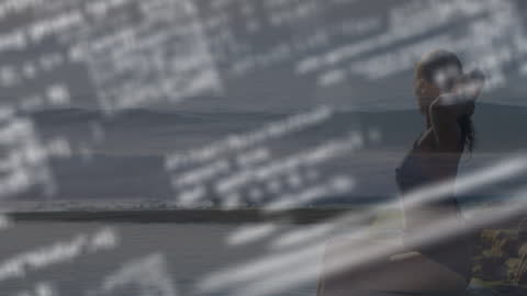 Digital Woman Reflecting at Beach with Data Graphics Overlaid