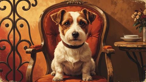 Terrier dog on velvet armchair in cozy vintage parlor
