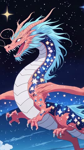 Vertical video: Celestial cosmic dragon soaring through starry sky with flowing mane