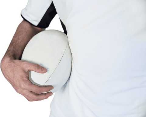 Athlete holding rugby ball in focused sport moment, transparent background