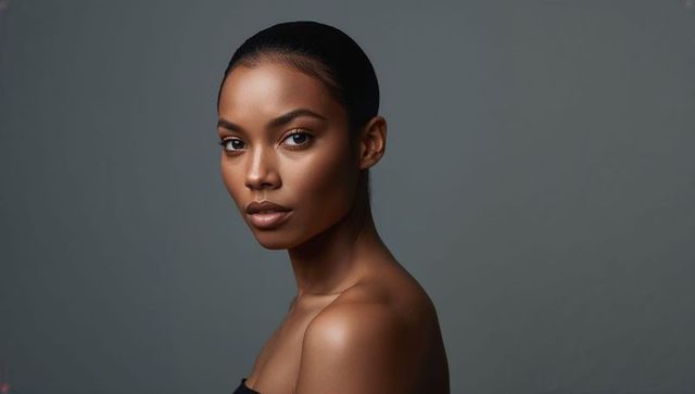 Black woman posing in strapless black top with soft studio lighting for beauty portrait